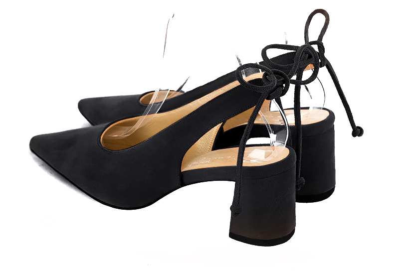 Matt black women's slingback shoes. Pointed toe. Medium flare heels. Rear view - Florence KOOIJMAN